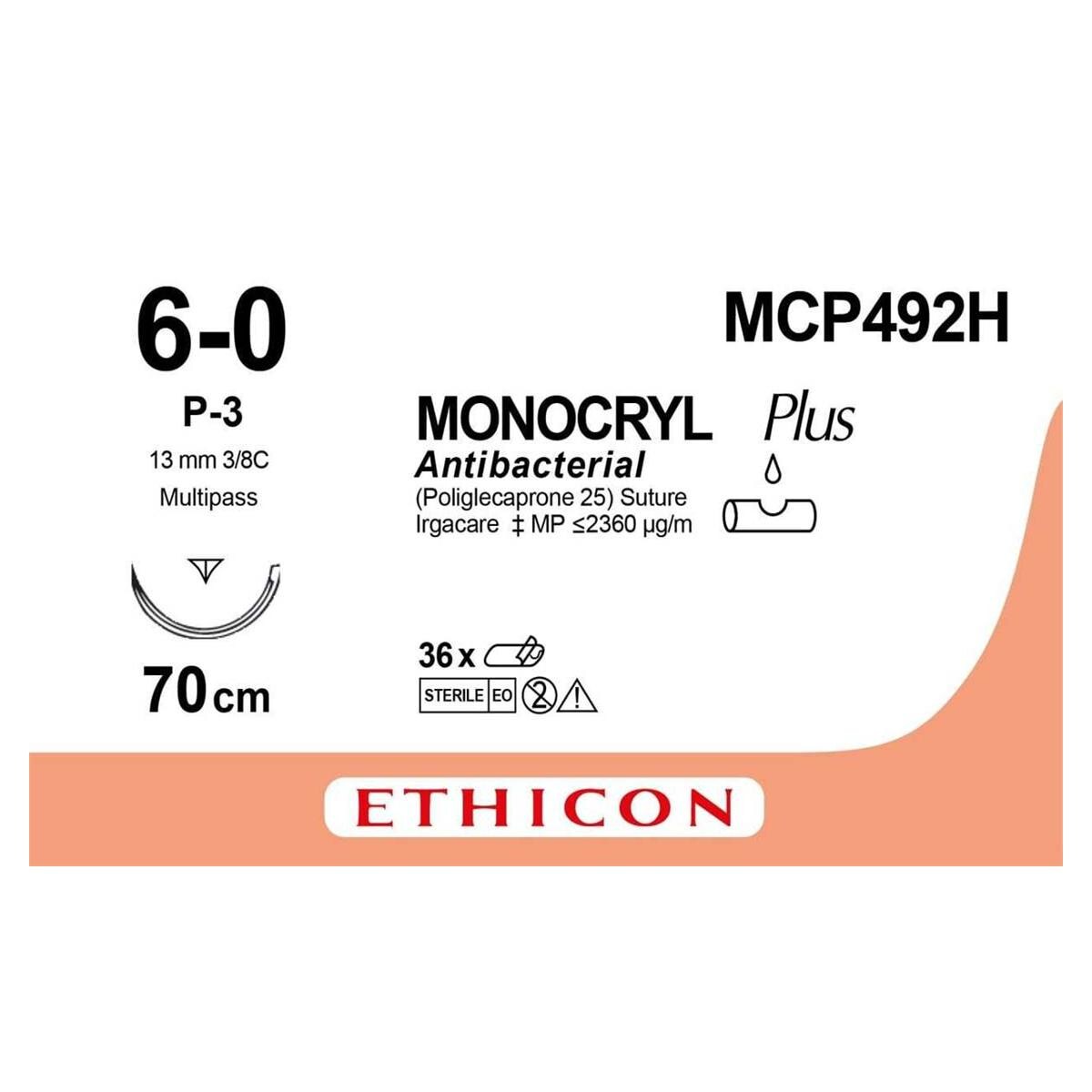 Monocryl - USP 6-0 P3 70 cm kleurloos MCP492H, per 36 stuks