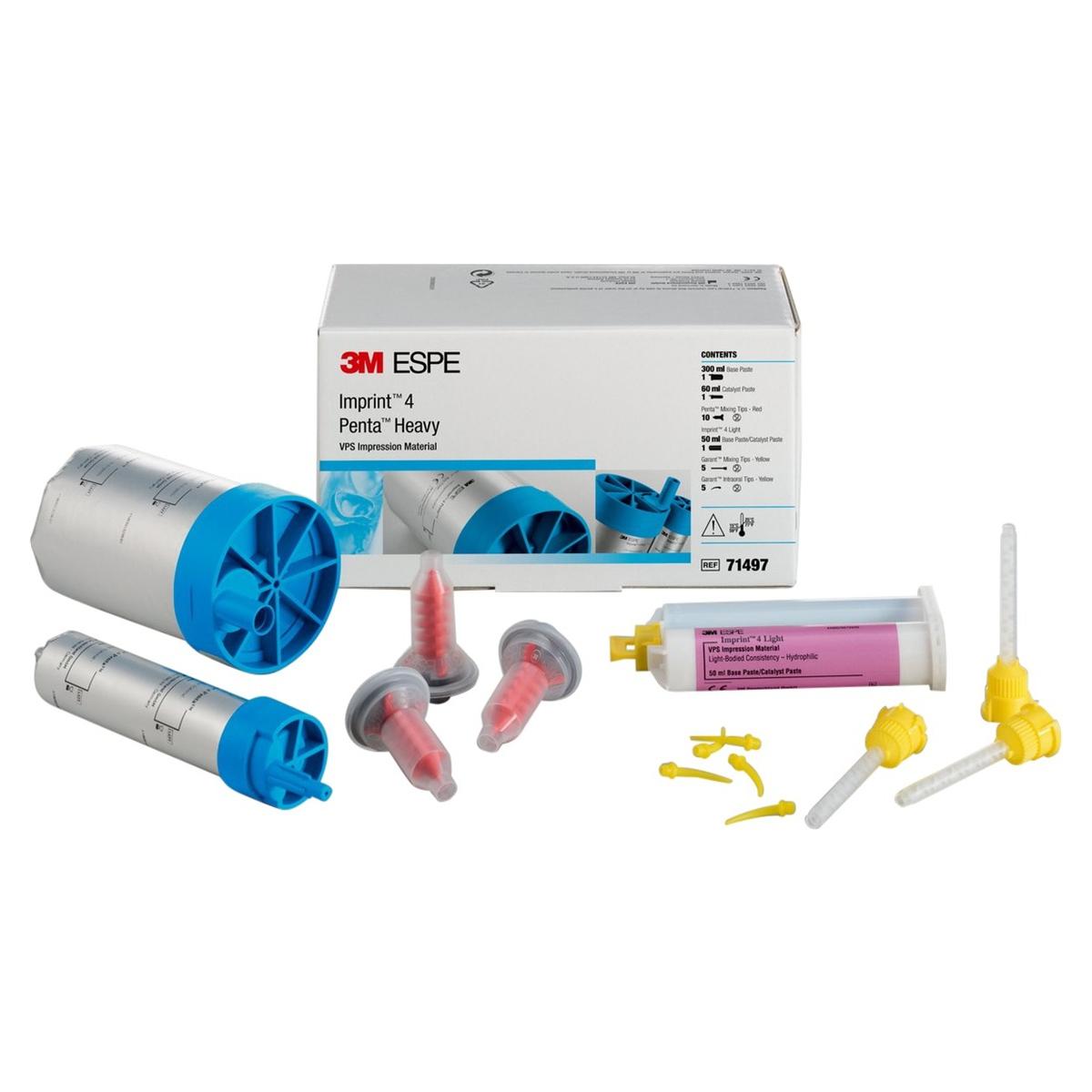 Imprint 4 - Heavy - TrialkitBevat 300 ml basis, 60 ml katalysator, 10 Penta mengtips rood, 5 Garant mengtips geel, 5 intra-orale