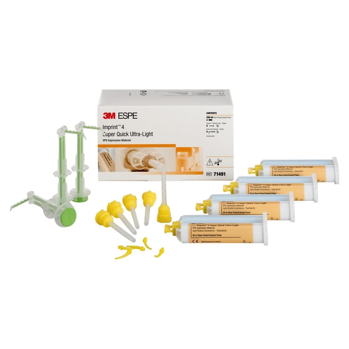 Imprint 4 - Super Quick Ultra Light - Wash, 4x 50 ml, 5 Garant mengtips geel en 5 intra-orale spuiten groen.