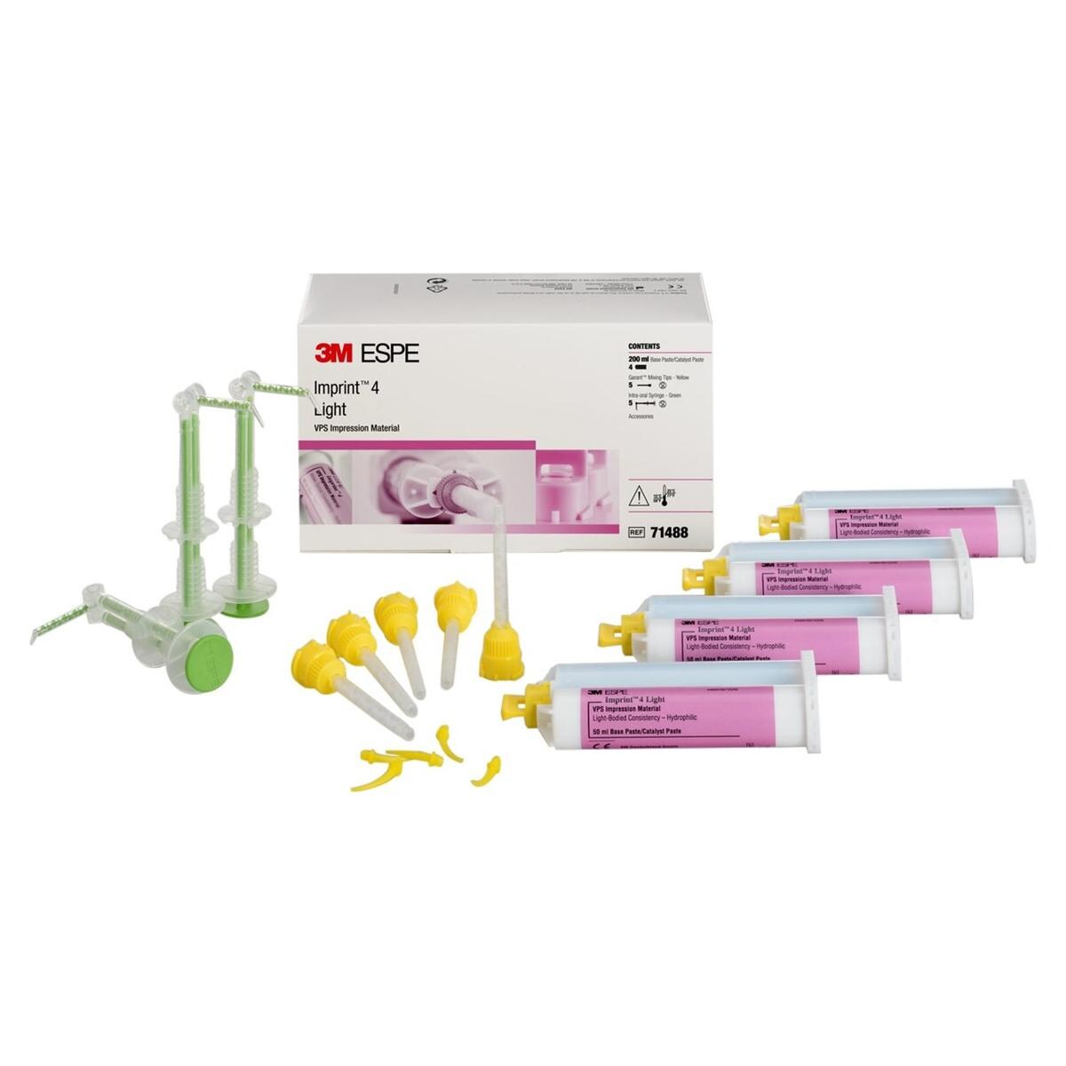 Imprint 4 - Light - Wash, 4x 50 ml, 5 Garant mengtips geel en 5 intra-orale spuiten groen.
