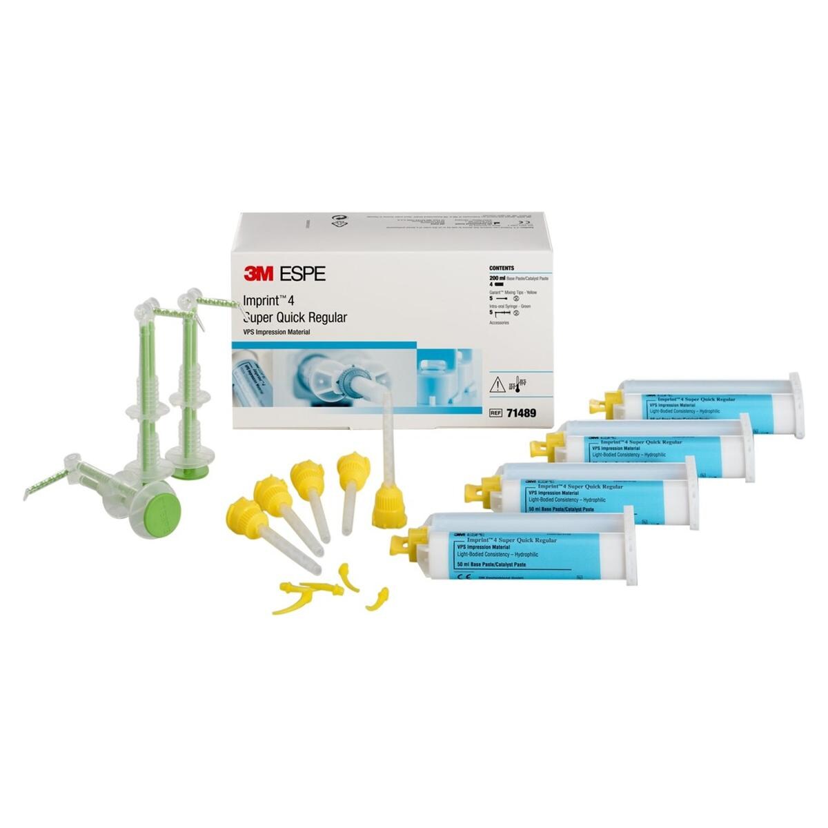 Imprint 4 - Super Quick Regular - Wash, 4x 50 ml, 5 Garant mengtips geel en 5 intra-orale spuiten groen.