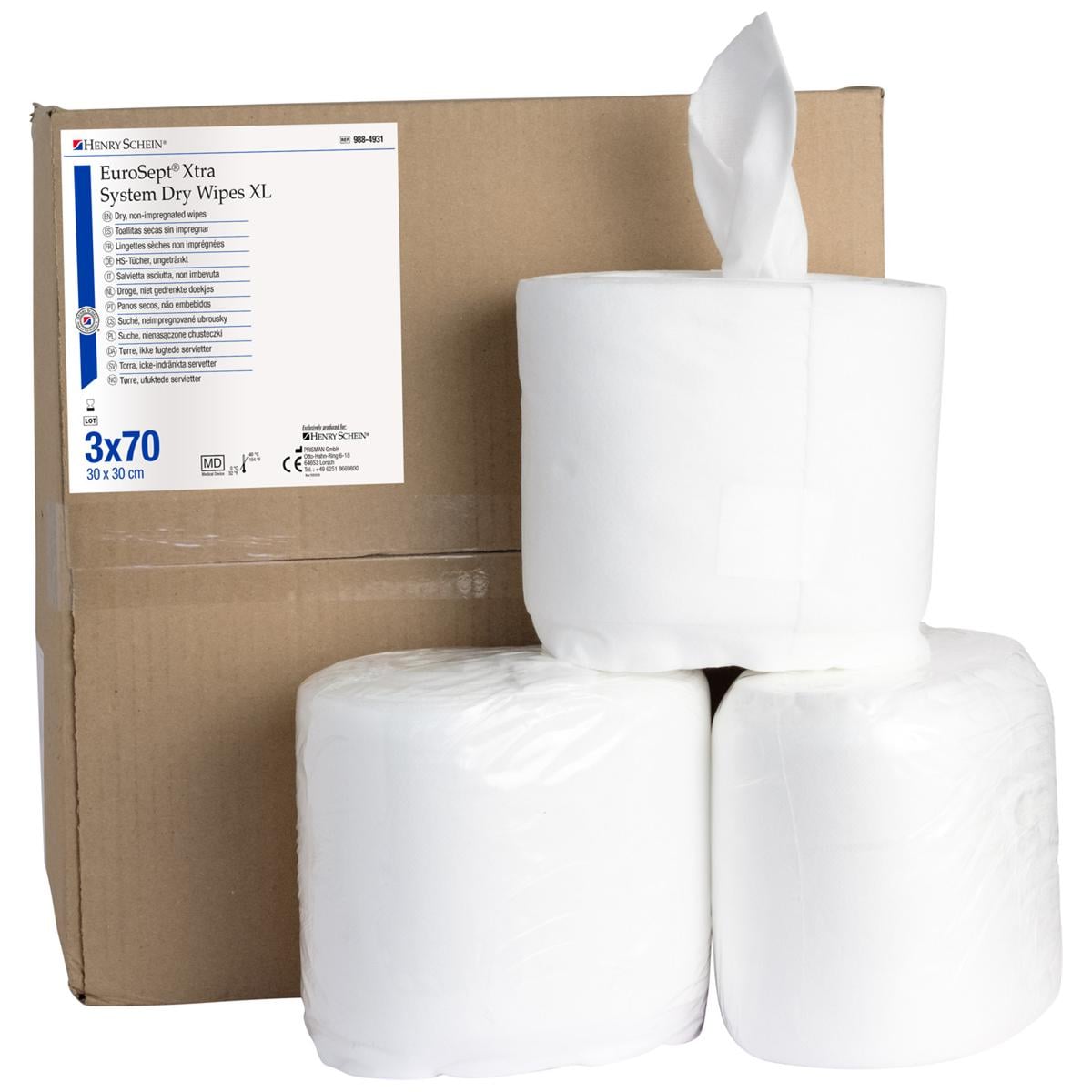 EuroSept Xtra System Dry Wipes Large - Afmeting 30 x 30 cm, 3 Rollen x 70 wipes